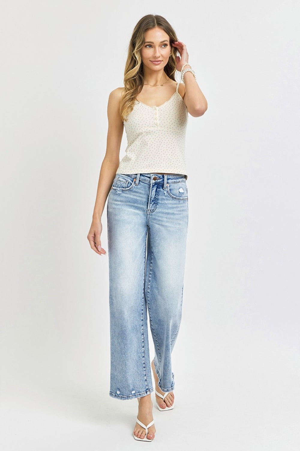 RISEN High-Rise Wide Leg Tummy Control Pants Distressed Cropped Boyfriend Denim Jeans