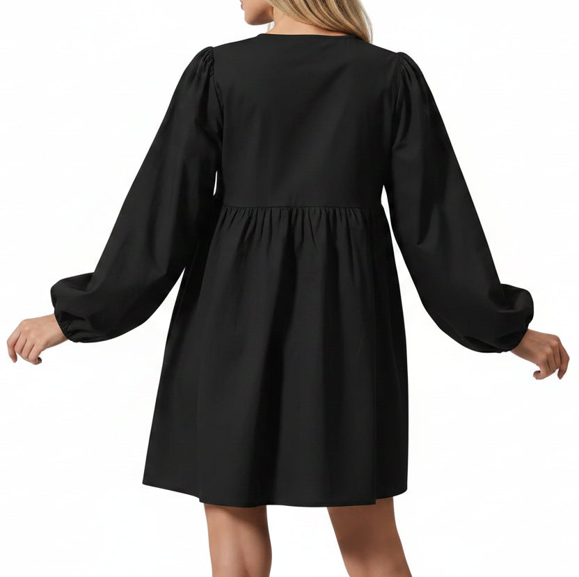 Bow Front Cutout Babydoll Long Sleeve Tie Front Cotton Blend Ultra Mini Dress