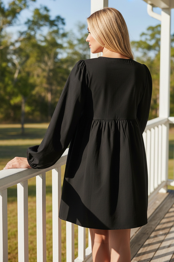 Bow Front Cutout Babydoll Long Sleeve Tie Front Cotton Blend Ultra Mini Dress