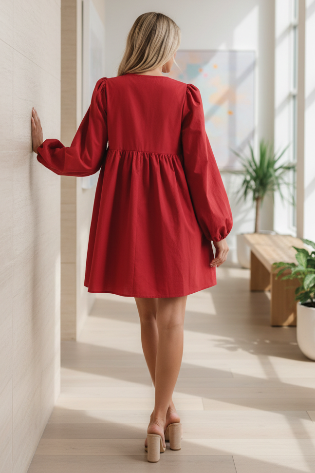 Bow Front Cutout Babydoll Long Sleeve Tie Front Cotton Blend Ultra Mini Dress