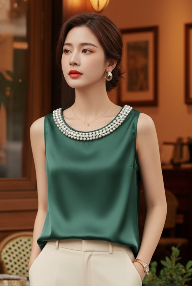 Faux Pearl Embellished Satin Sleeveless Blouse Round Neck Classy Statement Top