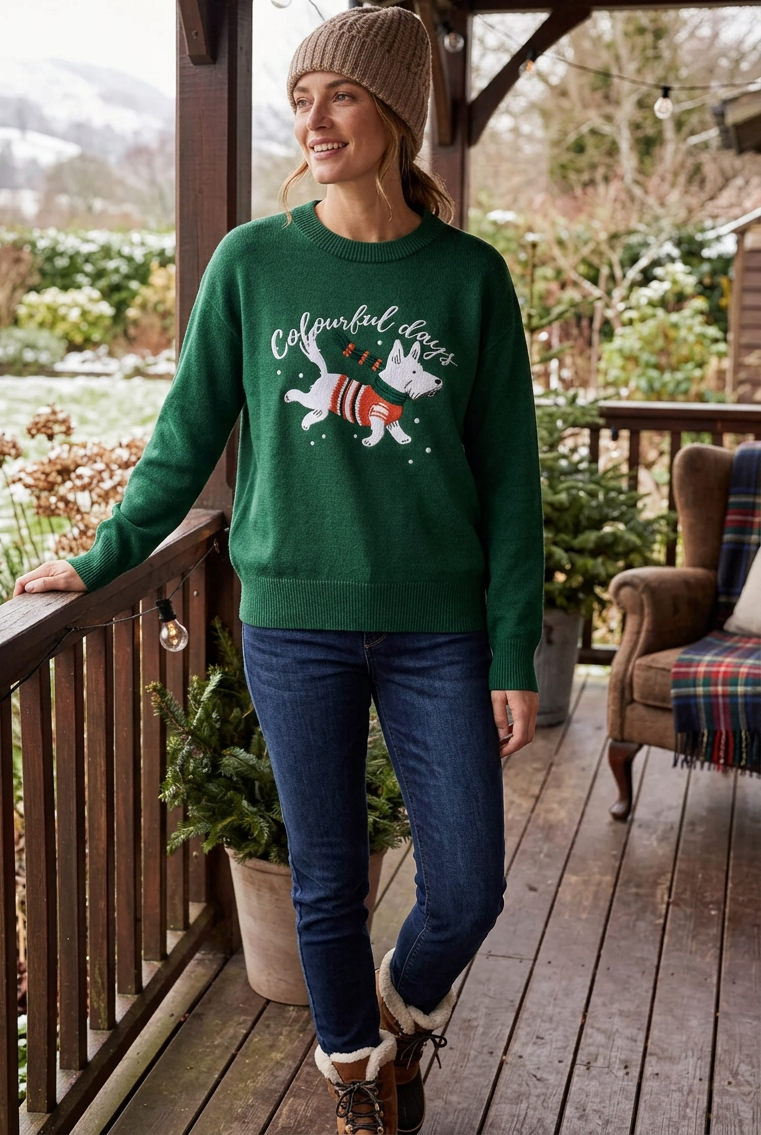 Embroidered Terrier Dog Winter Top Crewneck Pullover Knit Sweater Colorful Days