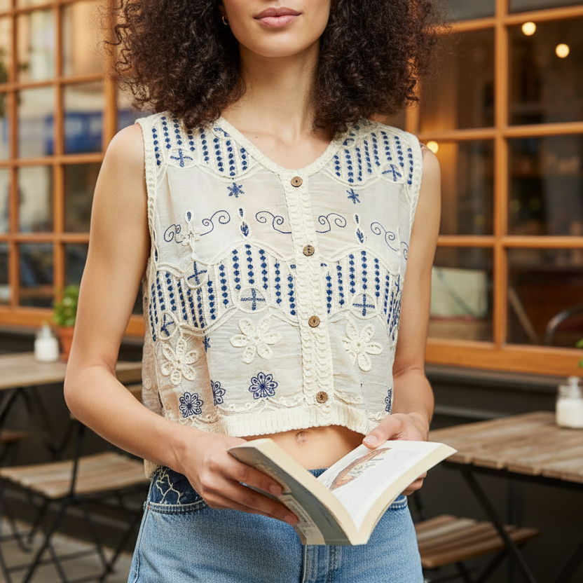 POL Embroidered Floral Granny Crochet Crop Top Wooden Button-Up V-neck Vest Blue Cream