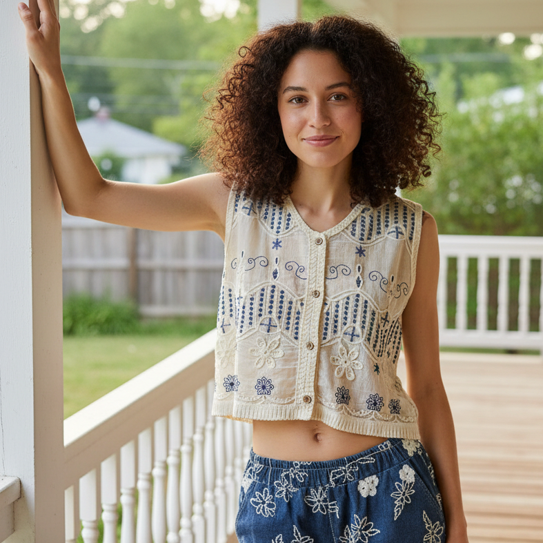 POL Embroidered Floral Granny Crochet Crop Top Wooden Button-Up V-neck Vest Blue Cream