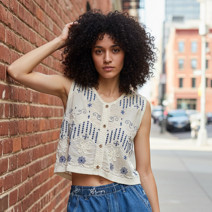 POL Embroidered Floral Granny Crochet Crop Top Wooden Button-Up V-neck Vest Blue Cream