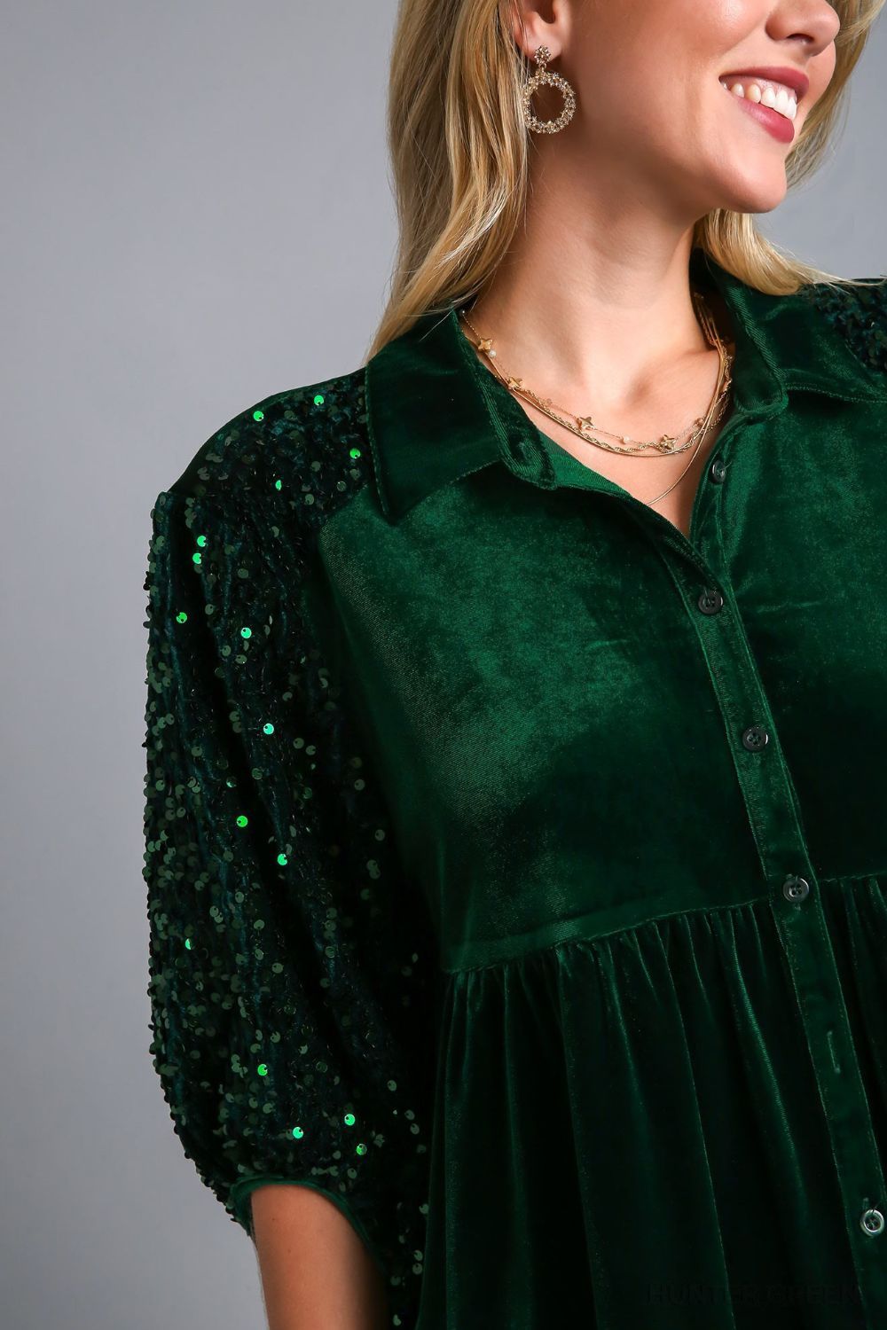 Umgee Sequin Velour Boho Oversized Tunic Top Babydoll Button-Up Shirt Velvet Blouse