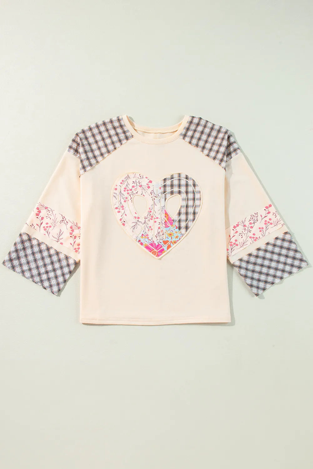 Peace Heart Plaid Floral Patchwork Blouse Long Sleeve Top Oversized Hippie Boho Shirt