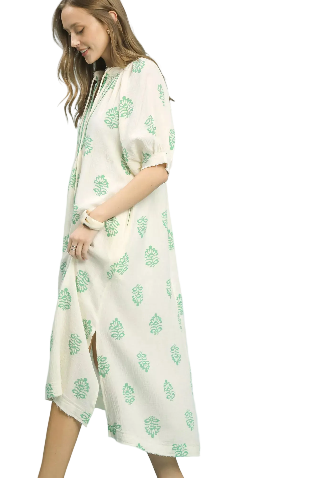 Umgee Embroidered Split Neck Lace Trim Cotton Gauze Puff Short Sleeve Midi Dress