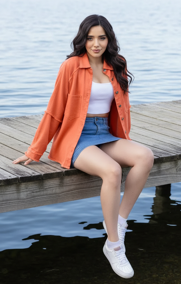 Lightweight Raw Hem Button-Up Shacket Oversized Boyfriend Exposed Seam Denim Jacket