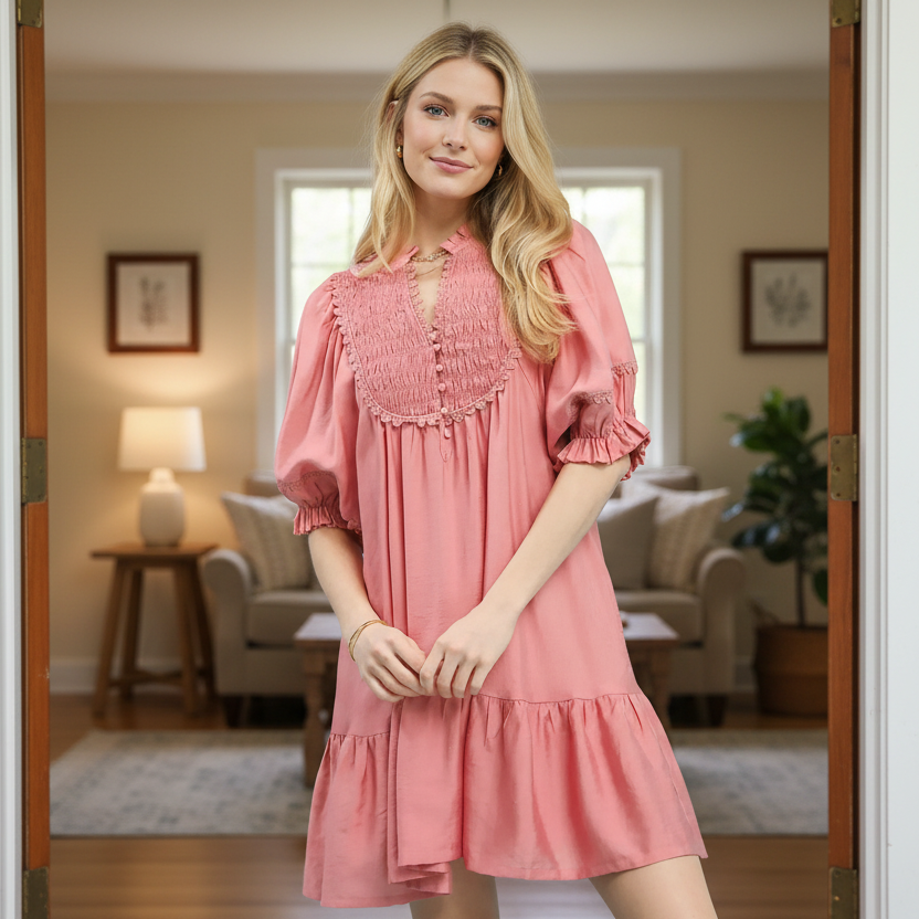 Umgee Button Smocked Bib Lace Trim Puff Sleeve Ruffle Hem Babydoll Mini Dress Blush Pink