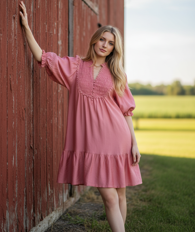 Umgee Button Smocked Bib Lace Trim Puff Sleeve Ruffle Hem Babydoll Mini Dress Blush Pink