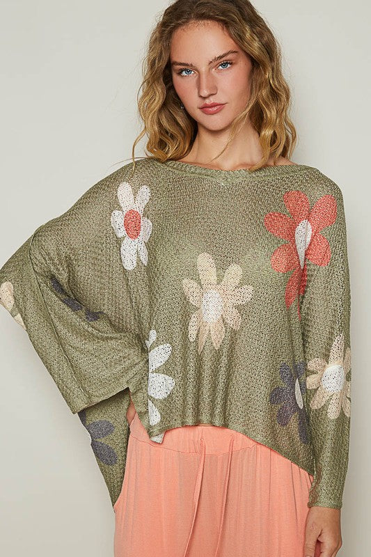 POL Daisy Retro Colorful Contrast Flower Top Oversized Shirt Pullover Knit Sweater