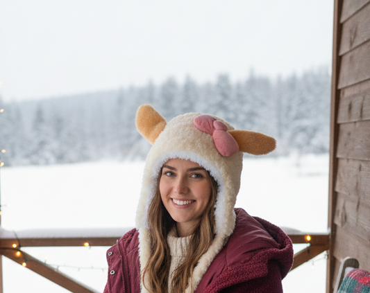 Cute Plush Animal Ear Faux Fur Winter Hat Large Bow Tie Pom Pom Character