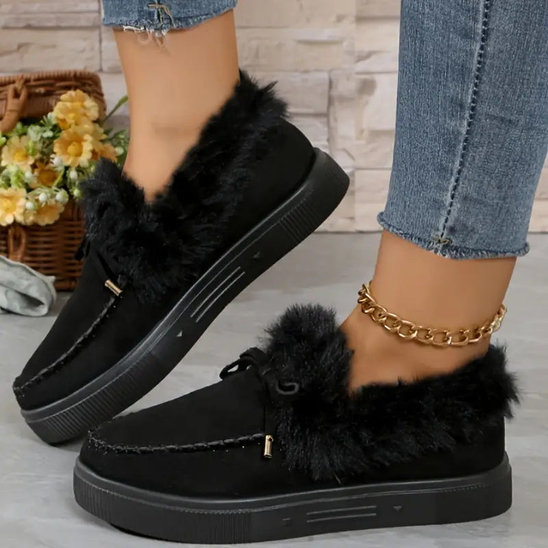 Bow Top Plush Faux Fur Loafers Slip-On Moccasin Soft Flat Outdoor House Shoes