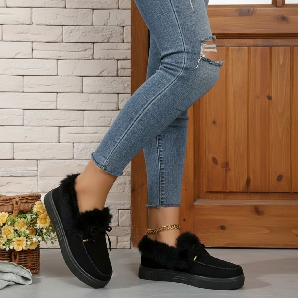Bow Top Plush Faux Fur Loafers Slip-On Moccasin Soft Flat Outdoor House Shoes
