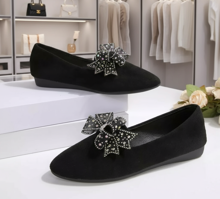 Rhinestone Bow Point Toe Flats Slip-On Sparkling Ballet Vegan Leather Shoes