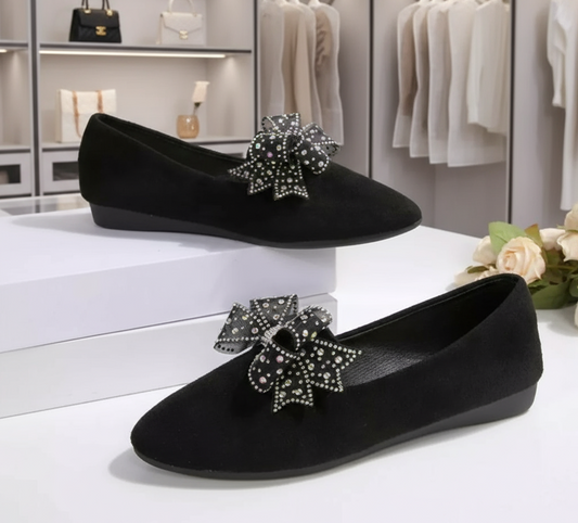 Rhinestone Bow Point Toe Flats Slip-On Sparkling Ballet Vegan Leather Shoes