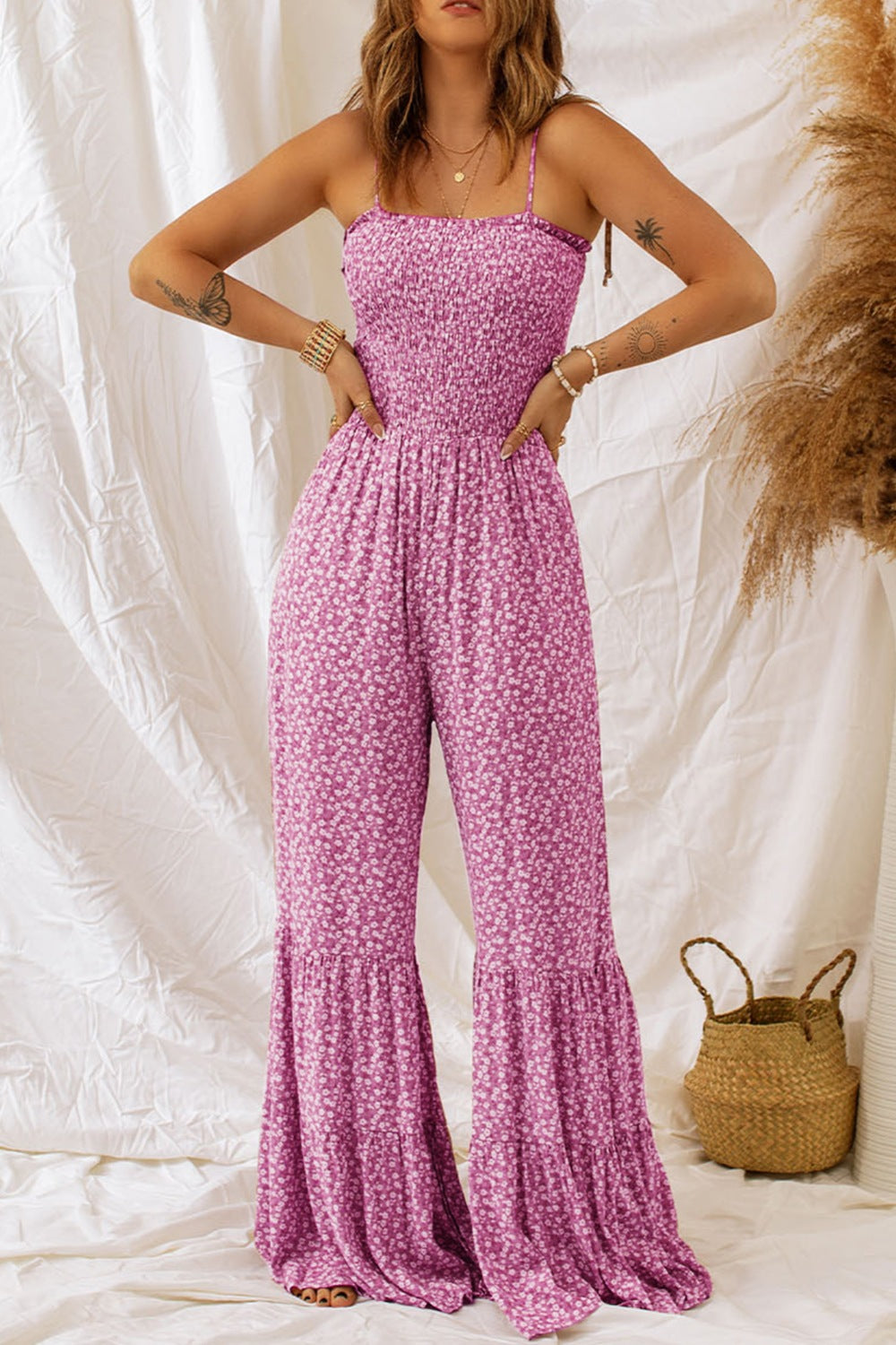 Retro Hippie Pant One-piece Smocked Tiered Wide Leg Bell Bottom Jumpsuit Floral