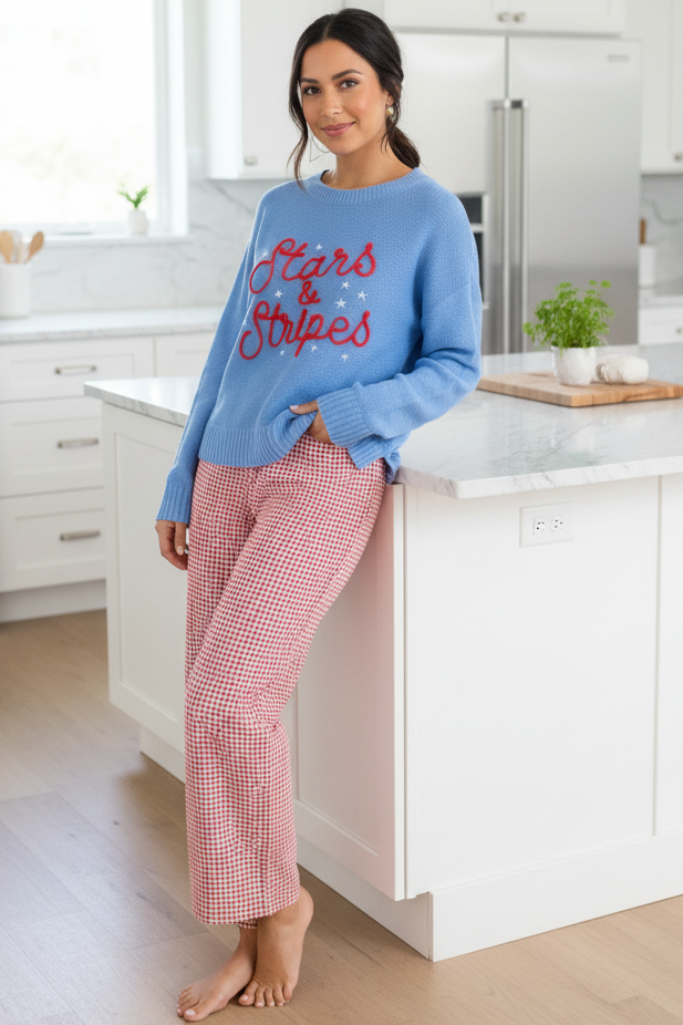 Embroidered Stars & Stripes Patriotic Knit Sweater Long Sleeve Crewneck Pullover Top