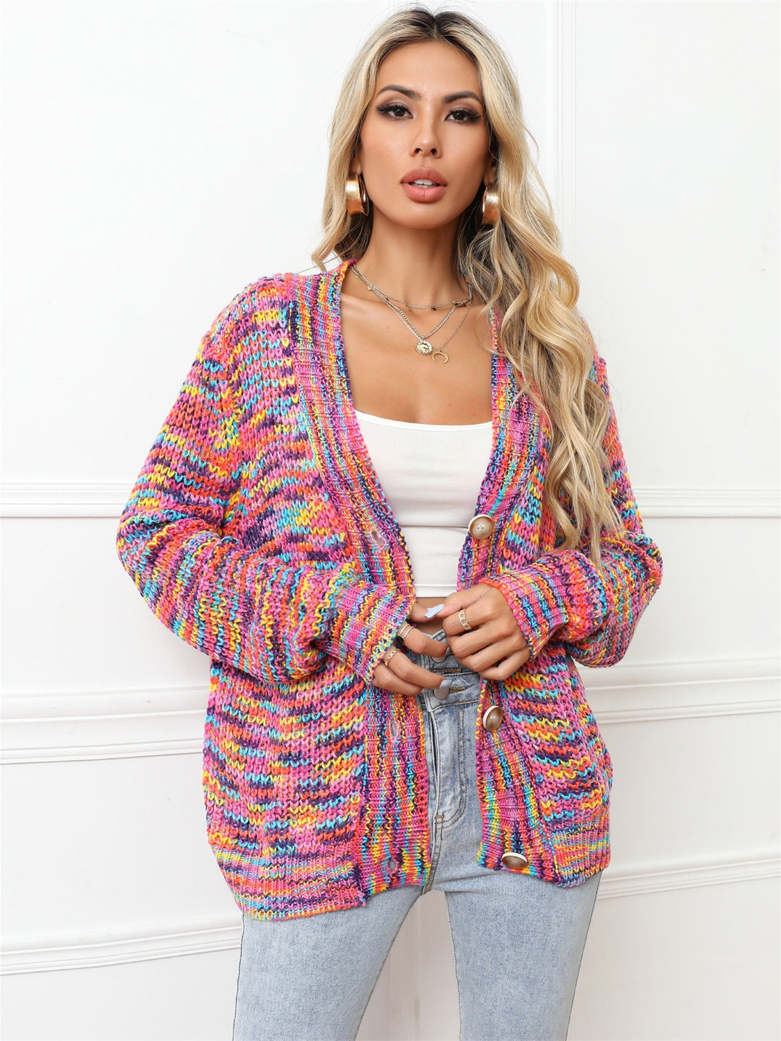 Bright Colorful Knit Long Sleeve V-neck Patck Pocket Cardigan Button-Up Sweater