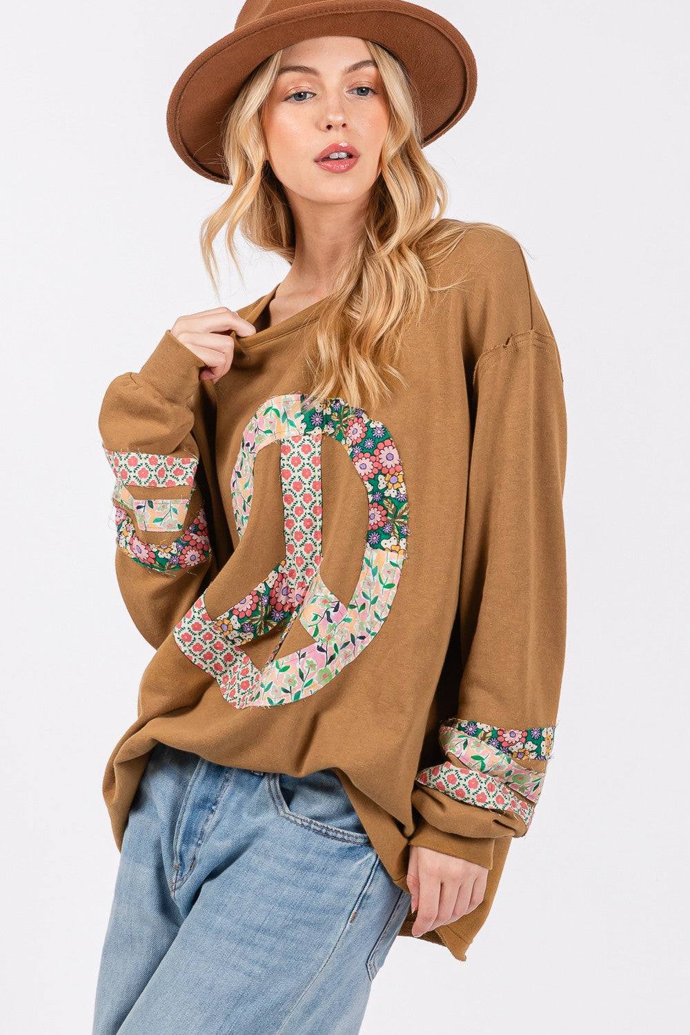 SAGE + FIG Peace Patchwork Shirt Hobo Retro Floral Blouse Oversized Hippie Boho Sweater Top