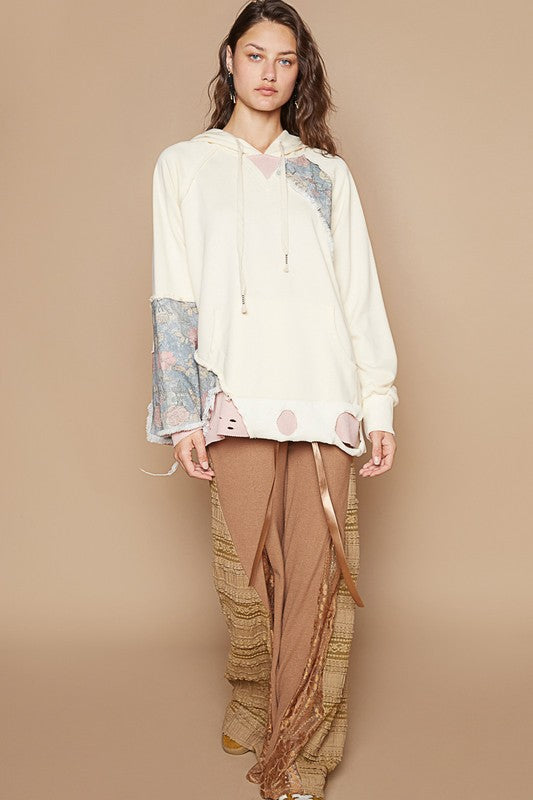 POL Hoodie Floral Contrast Patchwork Top Distressed Raw Exposed Seam Sweatshirt