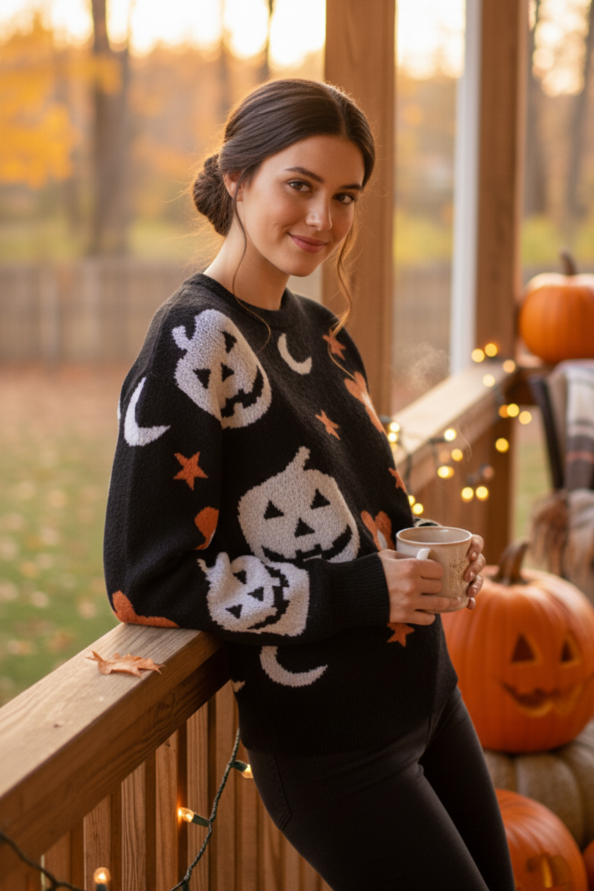 Retro Pumpkin Daisy Celestial Moon Crew Neck Long Sleeve Halloween Knit Sweater