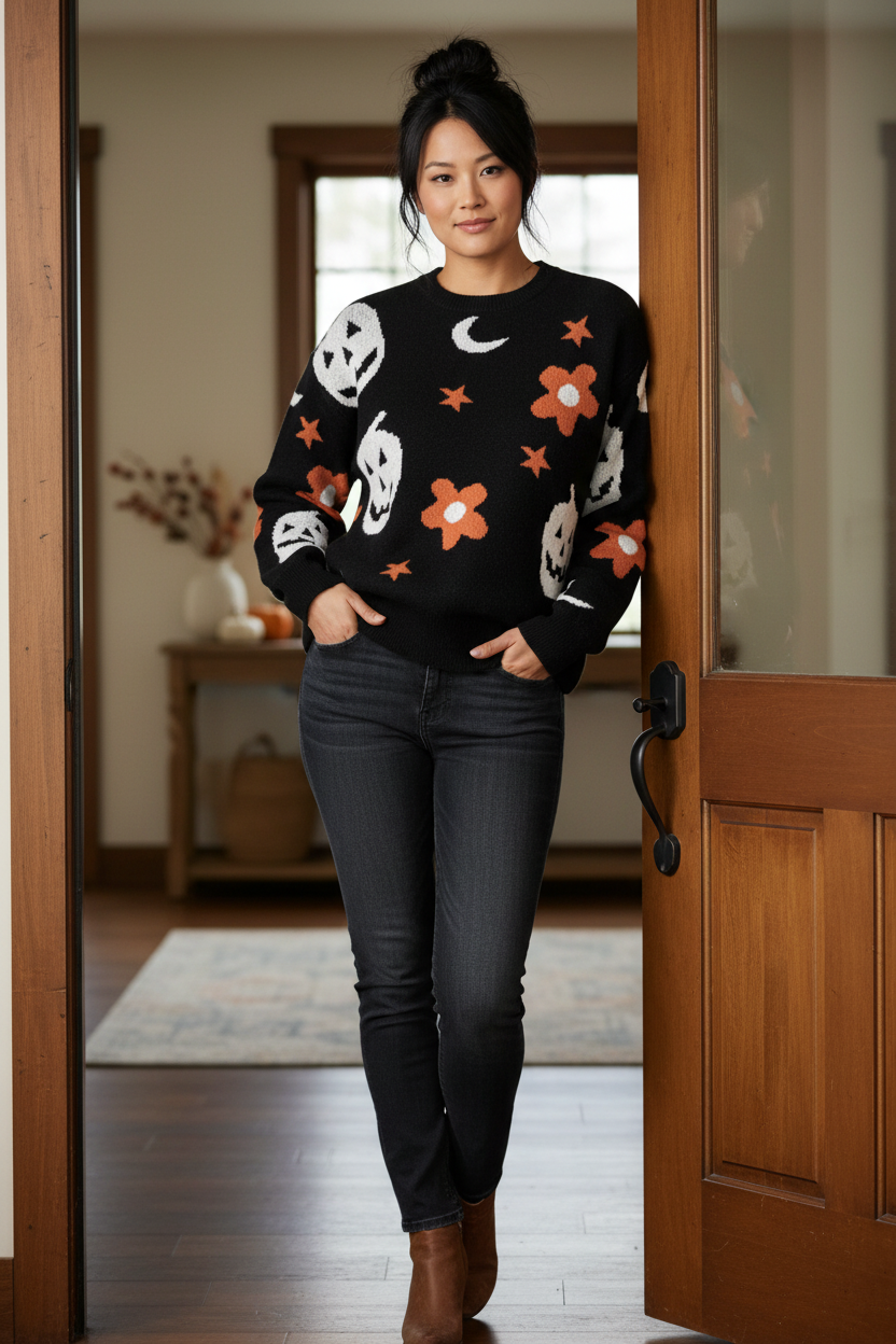Retro Pumpkin Daisy Celestial Moon Crew Neck Long Sleeve Halloween Knit Sweater