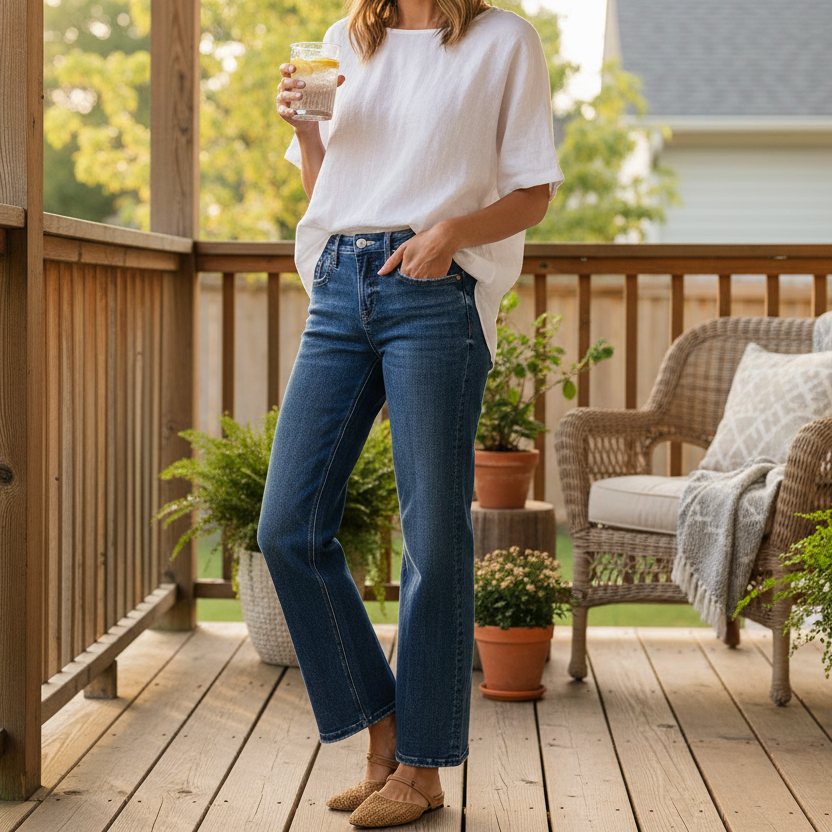 Risen Tummy Control High-Rise Frayed Waistband Straight Leg Crop Jeans Raw Hem