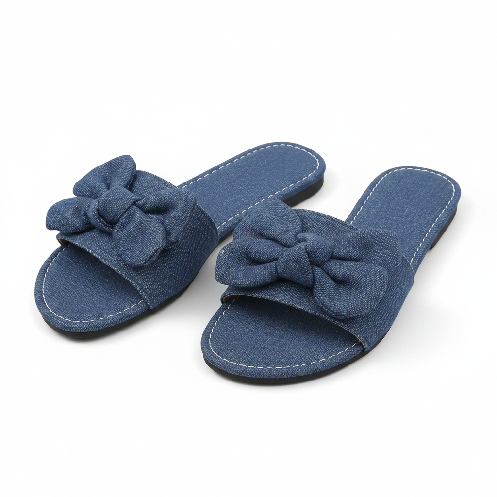 Denim Bow Knot Tie Slides Slip-On Flats Shoes Open Toe Coquette Girly Sandals