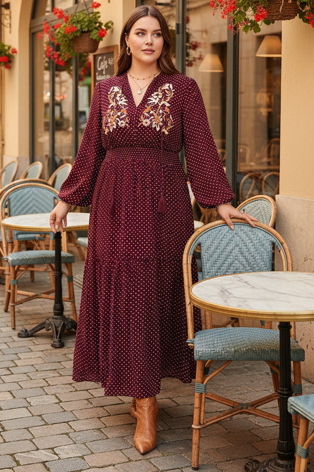Embroidered Polka Dot Tassel Tie Neck Long Sleeve Tiered Boho Midi Dress