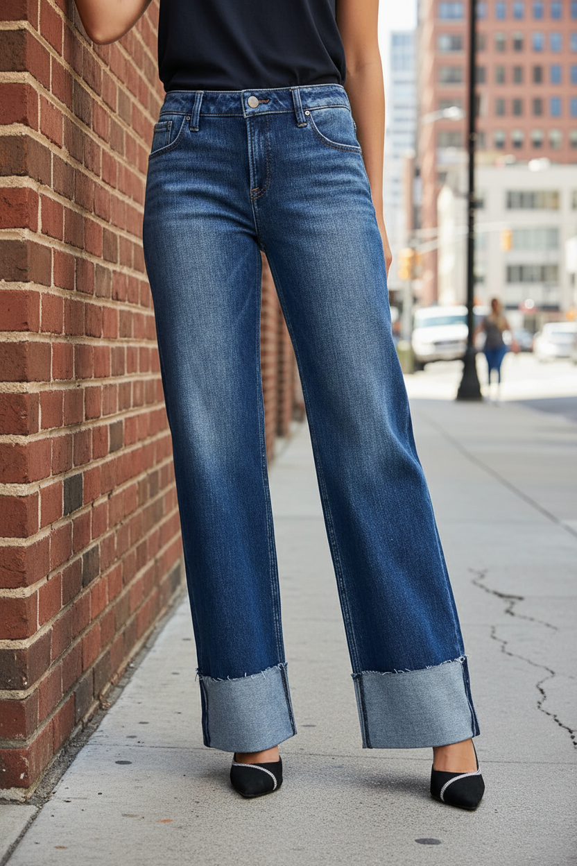 Risen Mid Rise Baggy Straight Leg Jeans Relaxed Wide Cuff Raw Hem Denim Pants