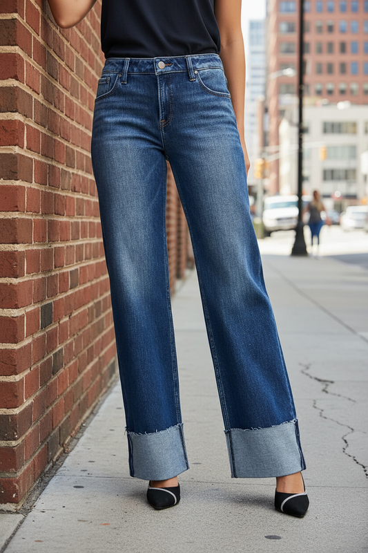 Risen Mid Rise Baggy Straight Leg Jeans Relaxed Wide Cuff Raw Hem Denim Pants