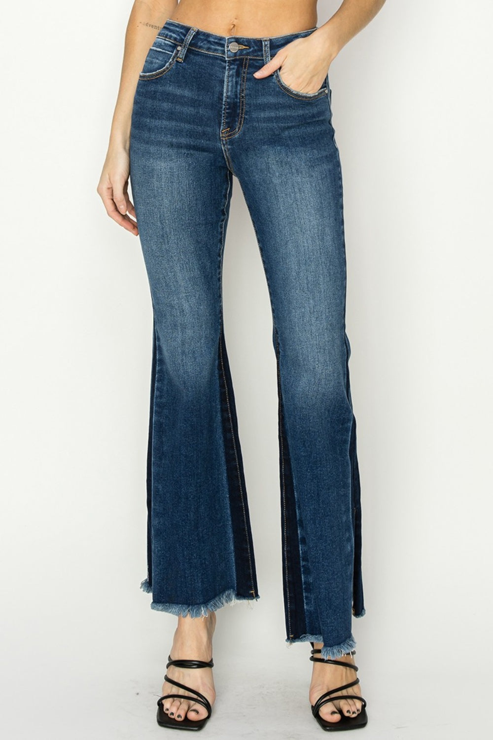 RISEN Split Raw Bell Bottom Ultra High-Rise Retro Flare Denim Skinny Jean Pants