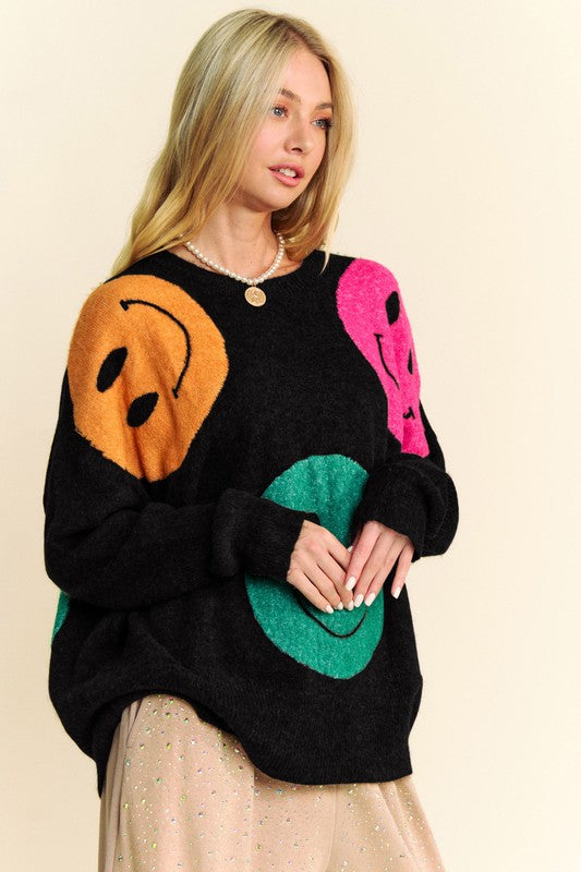 DAVI & DANI Knit Smiley Face Contrast Long Sleeve Oversized Pullover Sweater Top