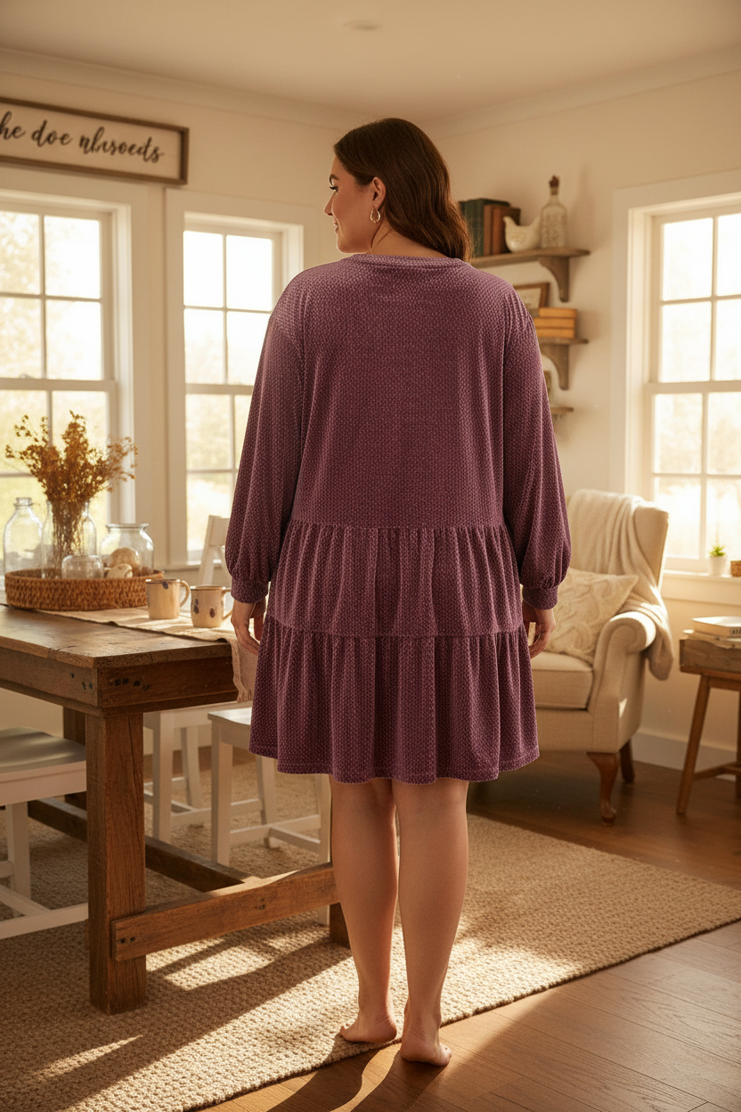 Jacquard Velvet Faux Pearl Button Long Sleeve Slit Pockets Ruffle Tiered Mini Dress Plus Size Only