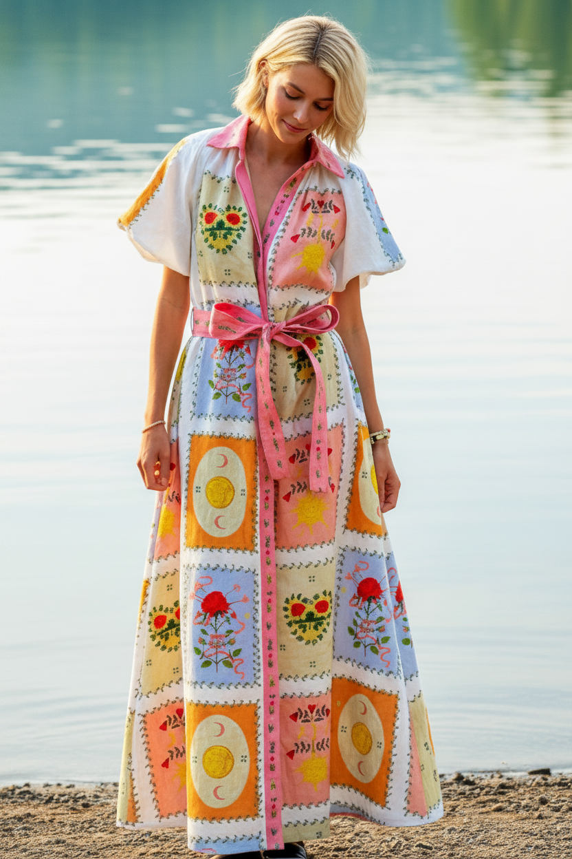 Patchwork Linen Blend Short Sleeve Belted Celestial Floral Collar Maxi Shirt Dress