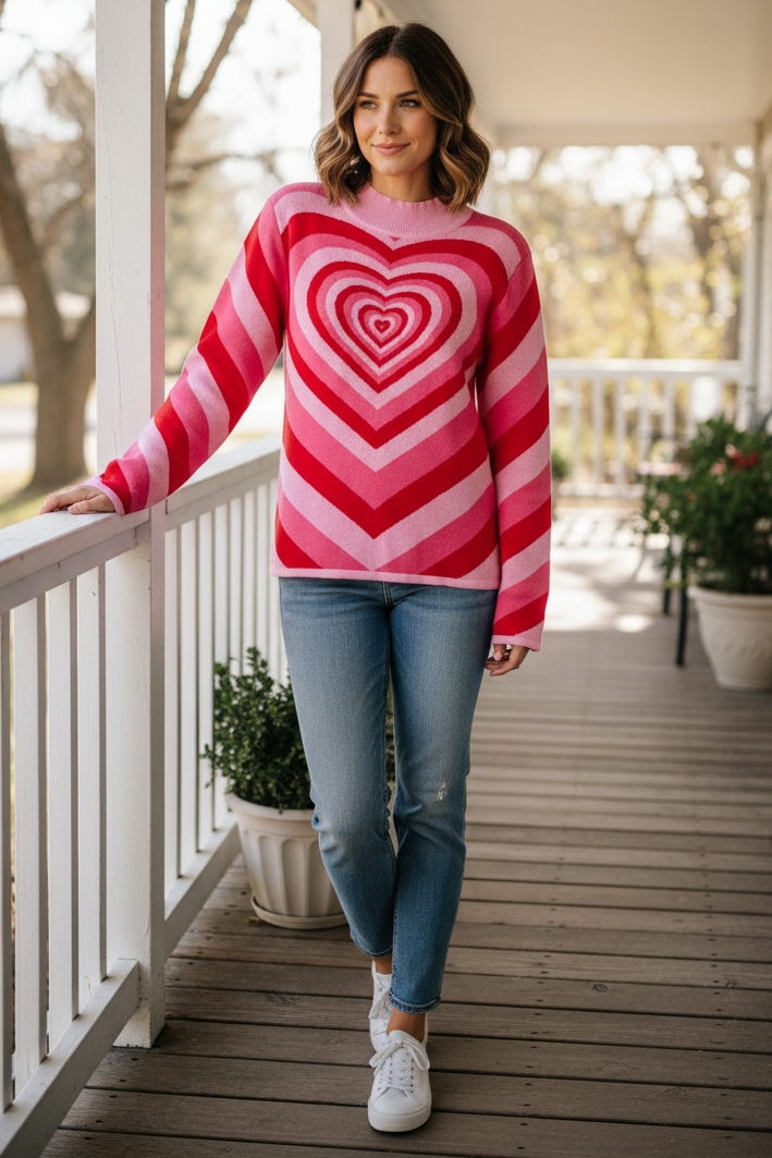 Retro Ripple Heart Mock Neck Long Sleeve Romantic Twee Top Knit Pullover Sweater