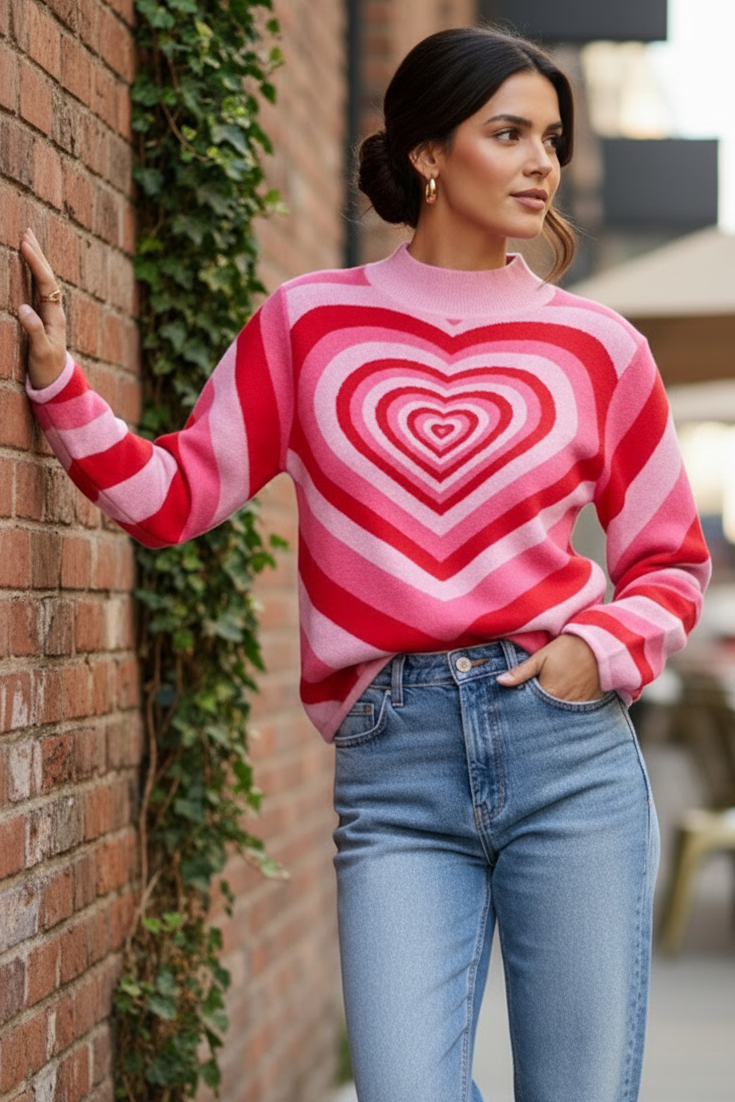 Retro Ripple Heart Mock Neck Long Sleeve Romantic Twee Top Knit Pullover Sweater