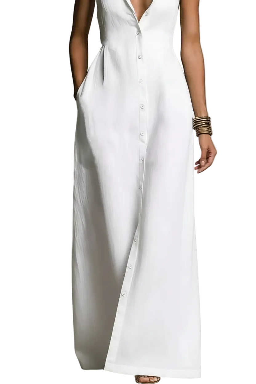 Collared Maxi Shirt Dress Sleeveless Button-Down Side Slit Pocket