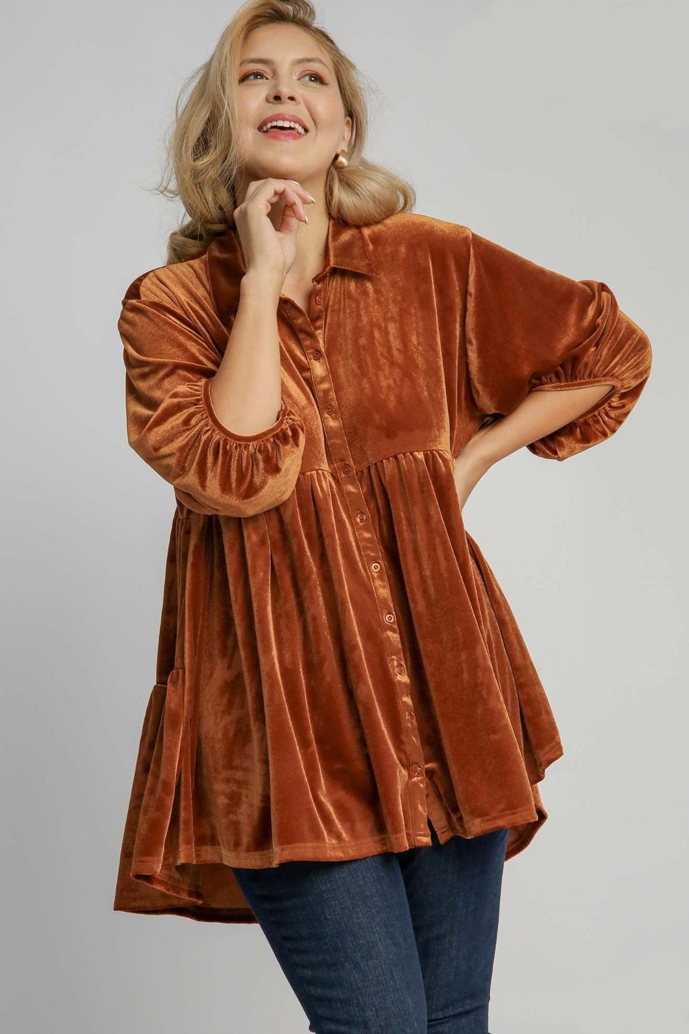 Umgee Velvet Boho Oversized Top Peplum Babydoll Tunic Shirt Velour Tiered Blouse