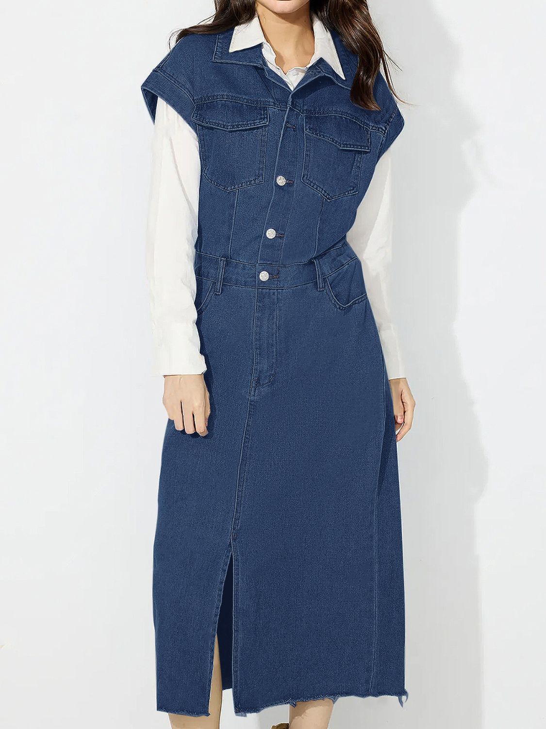 Denim Jacket Dress Pocket Chest Jean Collared Midi Half Button Slit Front