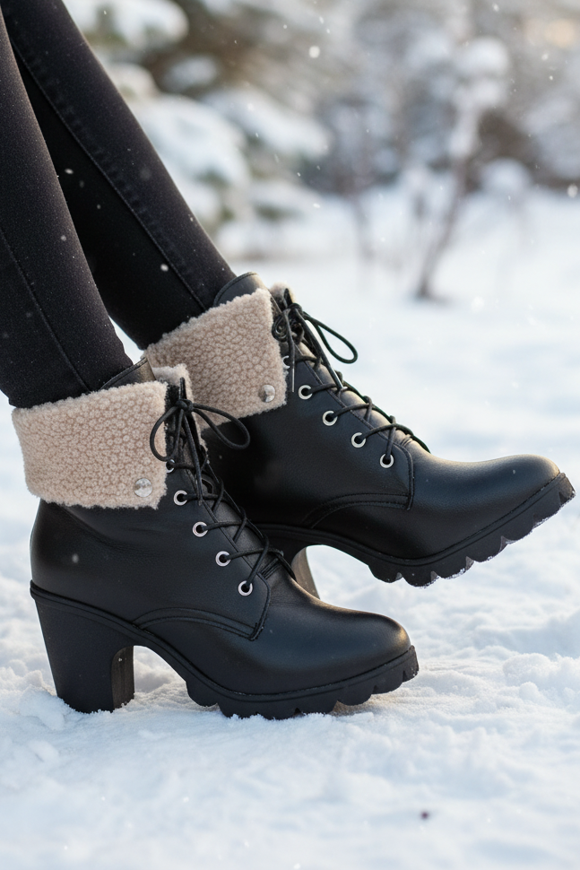 Sherpa Cuff Lace-Up Lug Sole Block High Heel Round Toe Faux Leather Chunky Ankle Boots