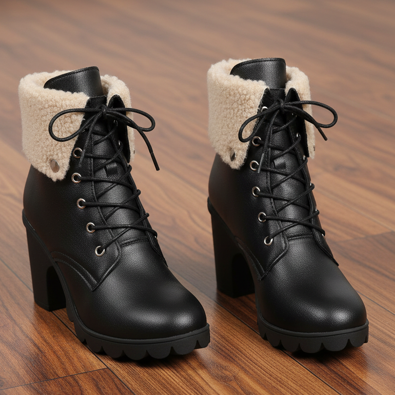 Sherpa Cuff Lace-Up Lug Sole Block High Heel Round Toe Faux Leather Chunky Ankle Boots