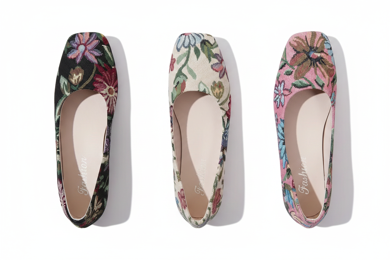 Retro Floral Tapestry Needlepoint Slip-On Shoes Square Toe Lightweight Ballet Flats