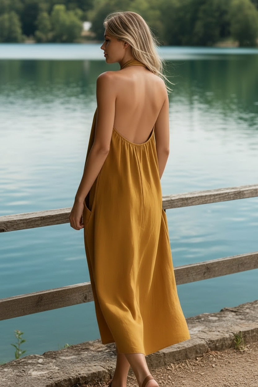 Oversized Baggy Patch Pocket Halter Neck Plunging V-Neck Backless Boho Midi Dress