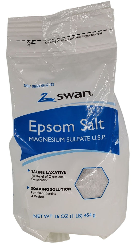 Swan Epsom Salt Magnesium sulfate salts 1lb Resealable bag Foot Soaks, Laxative, Bath Soak