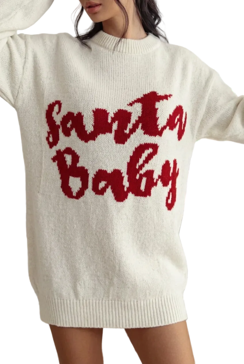 Santa Baby Christmas Mini Sweater Dress Oversized Baggy Long Sleeve Graphic Knit