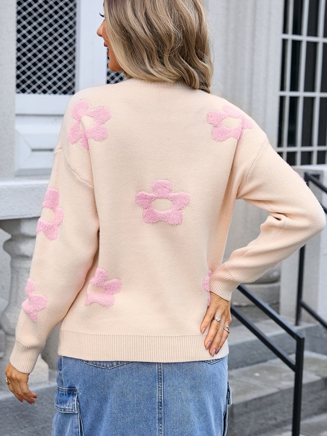 Daisy Raised Retro Contrasting Flower Pullover Top Long Sleeve Knit Sweater Shirt