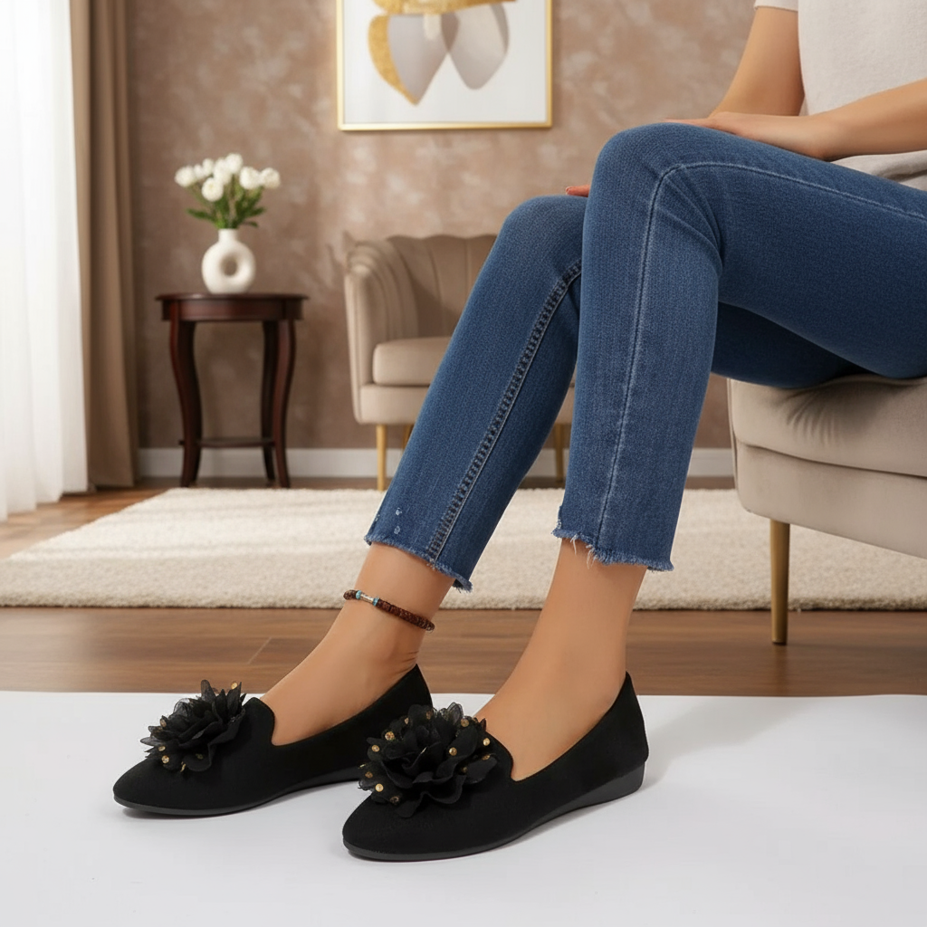 Polka-dot 3D Flower Vegan Leather Ballet Flats Almond Toe Dramatic Slip-on Shoes